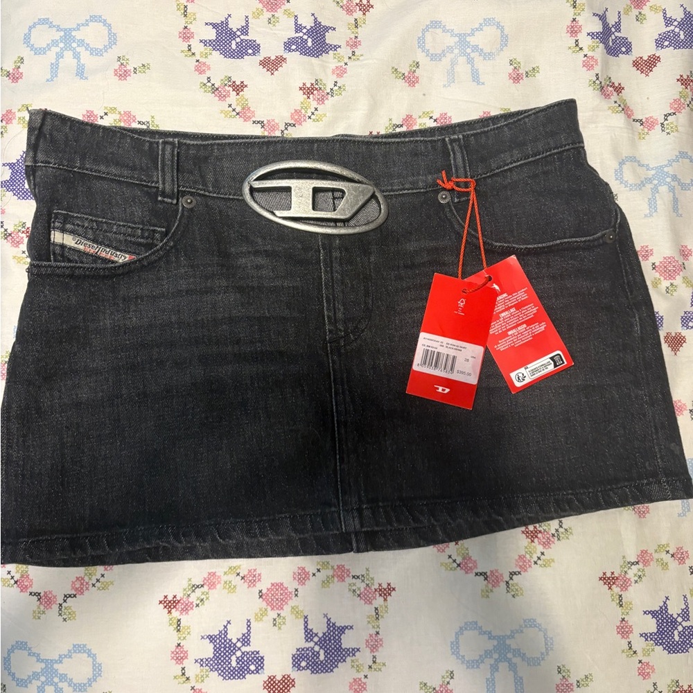 NWT Diesel Logo Mini Skirt Black Denim Size 28 6 Metal Logo Luxury Alt